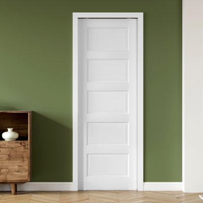 32 in. x 80 in. White Primed 5-Panel Raised Panel MDF Pocket Door with Frame, Hardware & Soft Close