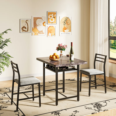 3-Piece Dining Table Set With Faux Marble Tabletop, Under-The Table Storage And Cushioned Chairs For Small Space, Minimalist Dining Set For Kitchen, H by Winston Porter