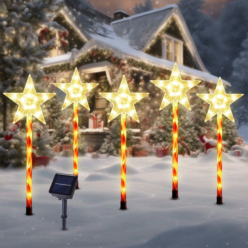 Paquet de 5 lumières de sentier de Noël solaires, lumières de piquet de jardin à DEL Star Candy avec 8 modes, décoration extérieure imperméable pour allée de jardin
