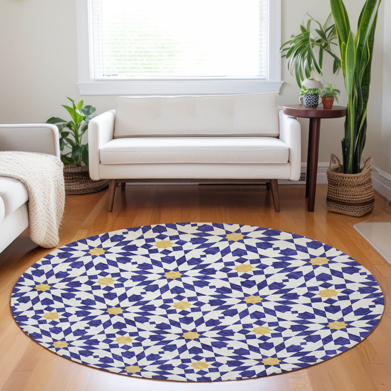 Premium Machine Washable Tweedy Navy Rug, Round 8'