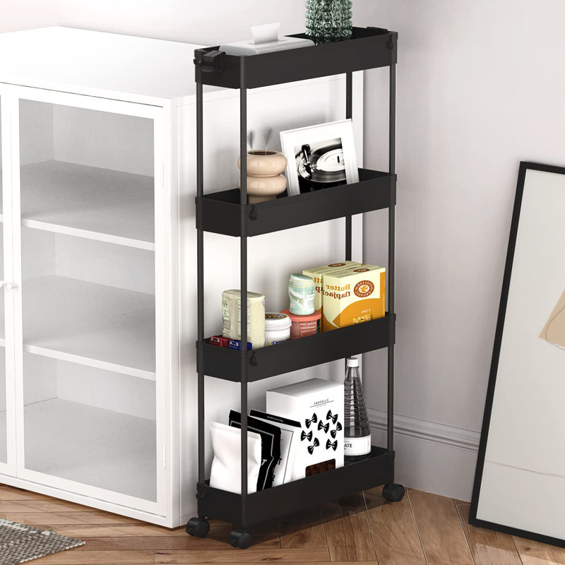 Slim Storage Cart 4 Tier, Storage Organizer Rolling Utility/ Mobile Shelving Unit Slide Out Storage Cart, Black