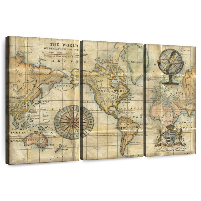Carte du monde antique brun Aliaz, H 28 po x l 45 po