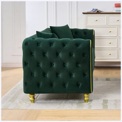 Ensemble de canapé Chesterfield 3 + 2 places en velours vert avec accoudoirs roulés capitonnés et pieds dorés