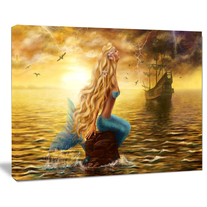 Sea Mermaid with Ghost Ship - impression d'art graphique, H 12 po x l 20 po x P 1 po, Toile tendue