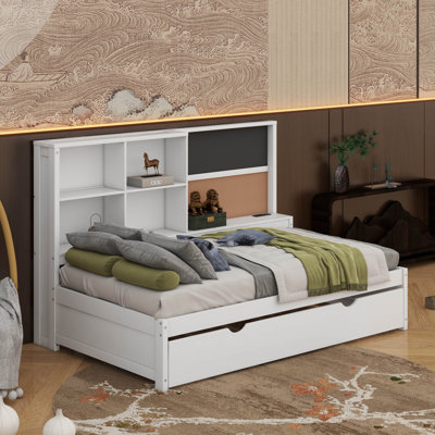 Twin Size Daybed With Storage Shelves, Blackboard, Cork Board, USB Ports And Trundle