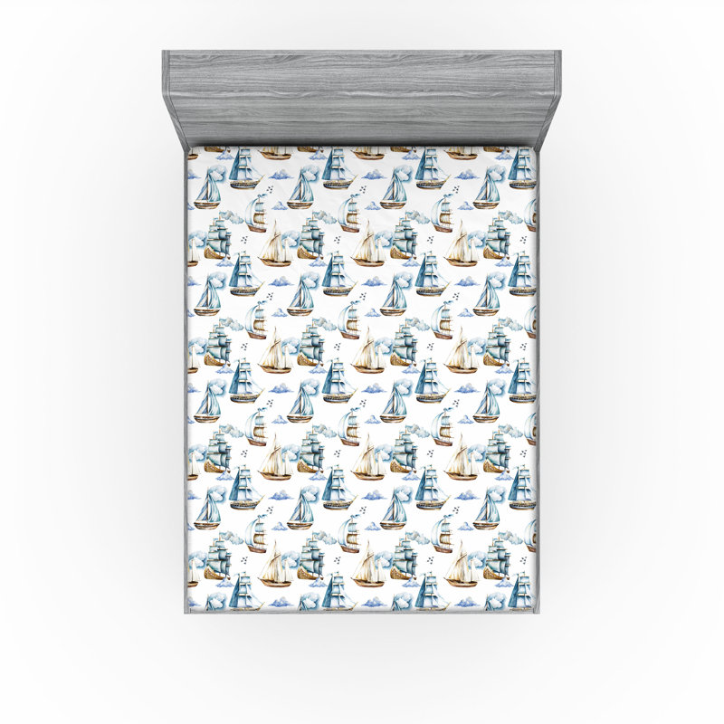 Ambesonne Sailor Fitted Sheet Nautical Marine Ships Print Full Size Brown Blue White, California King Fitted Sheet