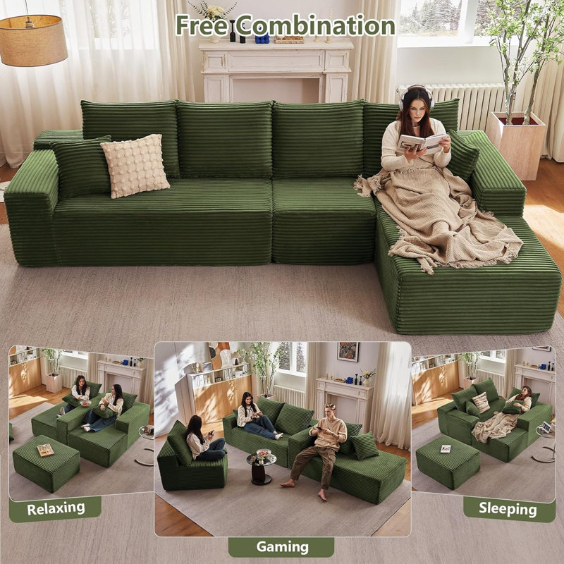 Canapé modulaire Boneless de 135,4 po avec méridienne en forme de L, canapé modulaire moderne avec assise profonde, canapé rembourré pour les appartements de la chambre à coucher, aucun assemblage requis,