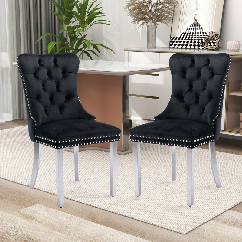 Chaise rembourrée capitonnée, Noir, Argent