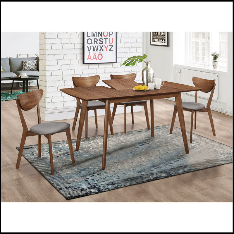 Ensemble de salle à manger 5 pièces Shorna gris et noyer naturel, combinant un design moderne Mid-Century avec le confort et la durabilité pour des espaces compacts.