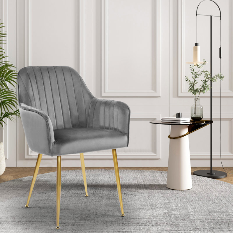 Aisaiah Velvet Fabric Upholstered Armchair, Modern Leisure Chair With Metal Legs, Gray Velvet/Golden