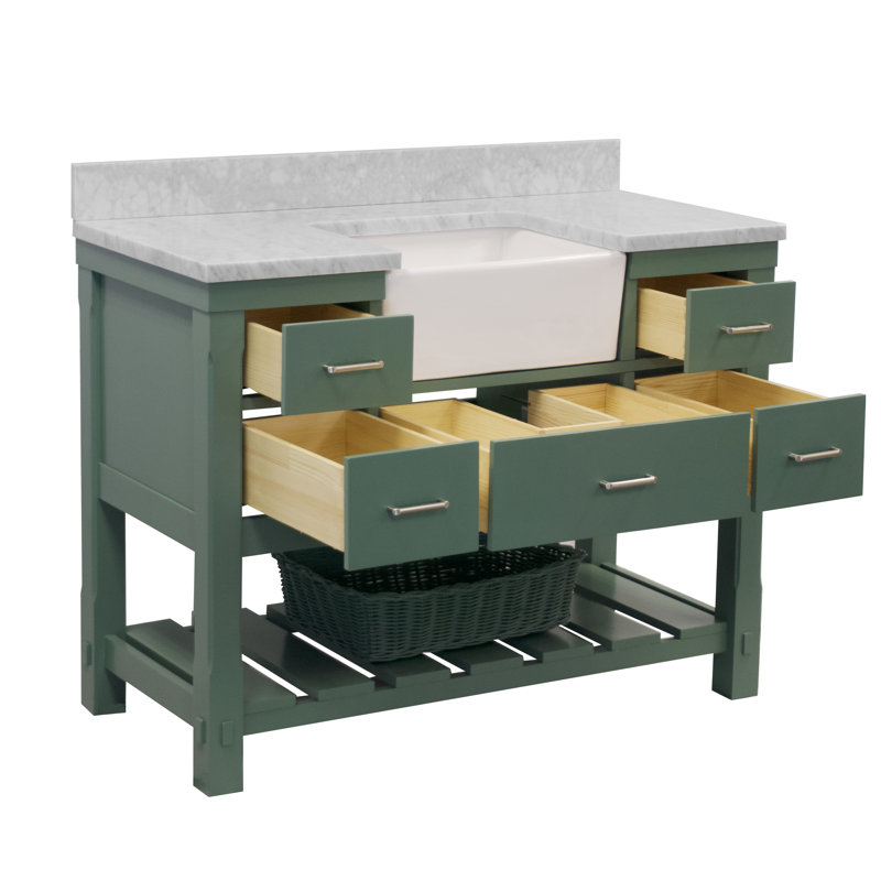 Ensemble de meuble-lavabo simple 48 po avec comptoir vert sauge Zasha, Marbre de Carrare, Sauge vert