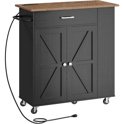 Kitchen Island Cart With Storage, Kitchen Cart With Charging Station, Kitchen Island On Wheels, Rolling Mobile Kitchen Island Table With Cabinet, 3 AC Outlets, Black And Walnut MZD04UBL