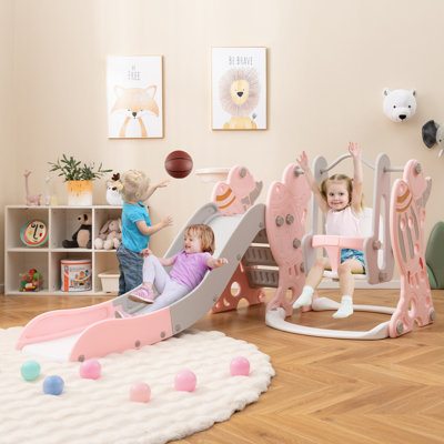 4-In-1 Kids Slide And Swing Set Indoor Rocket Patterned Playset With Smooth Slide Fun Swing Climber