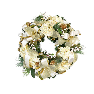 The Holiday Aisle® Jolett Cream Ribbon Wreath with Ornaments