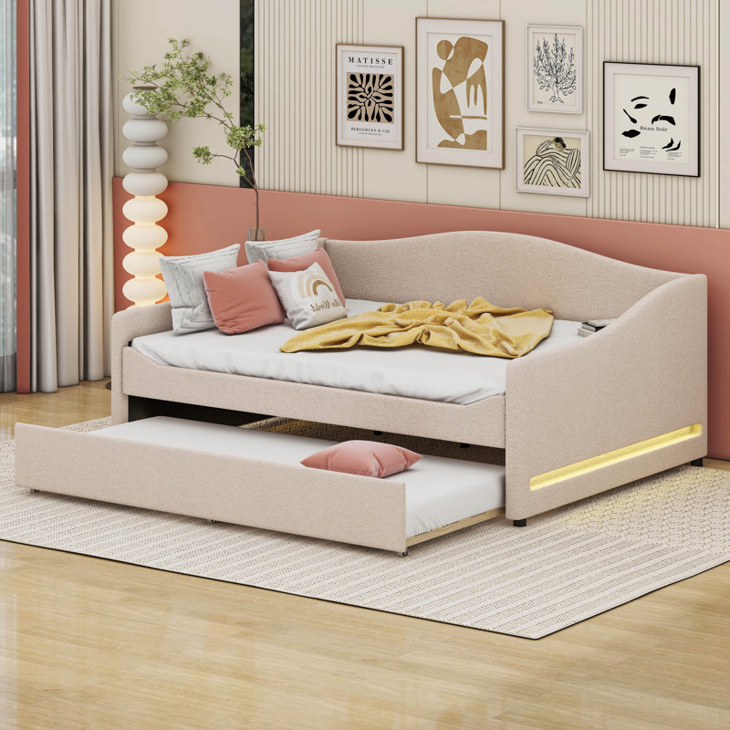 Teddy Fleece Full Size Daybed with Light And Trundle, Beige