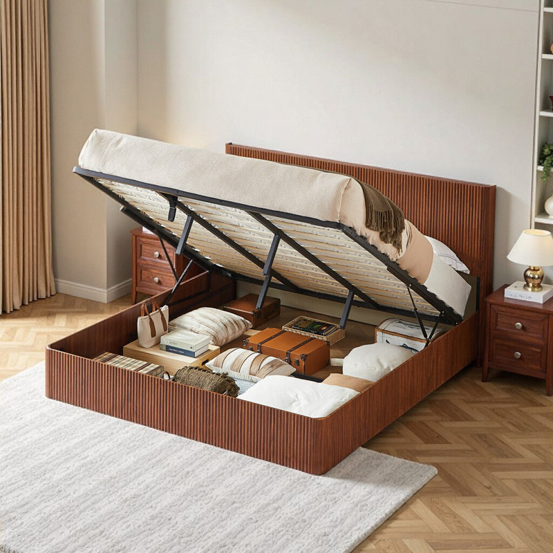 King Size Hydraulic Lift-Up Storage Bed Frame with Walnut Finish - Space-Saving Design, No Box Spring Needed, King, Walnut