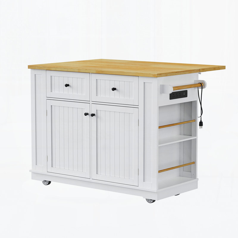 48 Inch Kitchen Island With Drop Leaf,Power Outlet,Internal Storage Rack,Rolling Kitchen Storage Cart On 5 Wheels With 5 Open Side Racks(Not Include Stools)