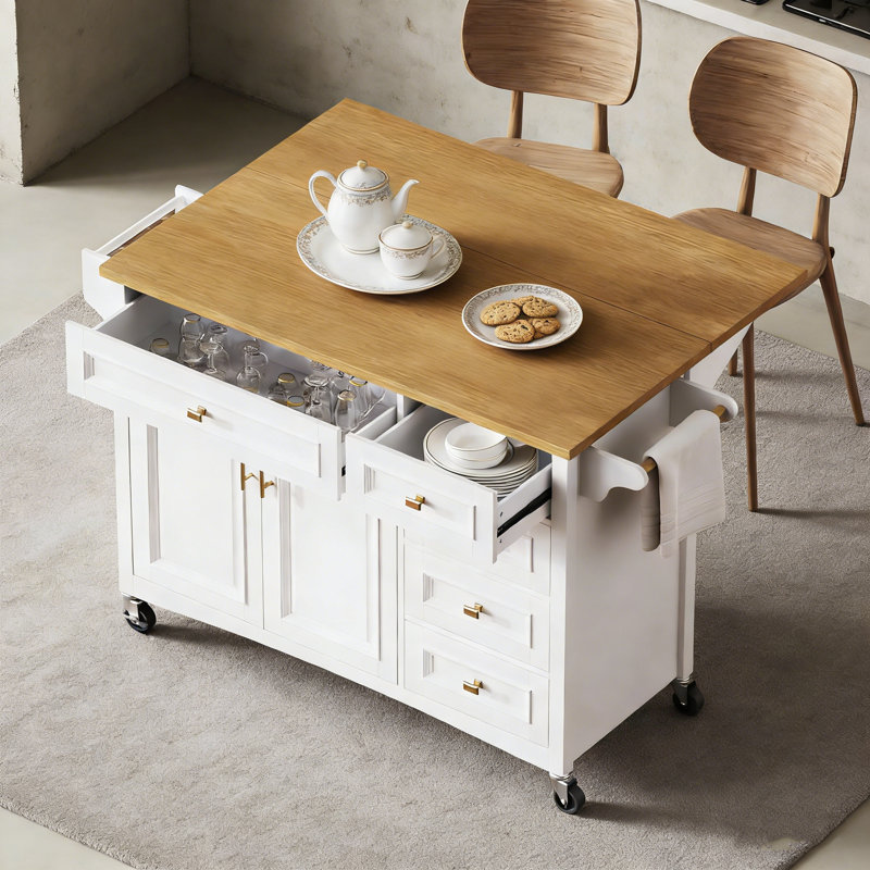 Îlot de cuisine mobile de 52 pouces avec abattant, tablette réglable et grand espace de rangement pour les cuisines modernes.