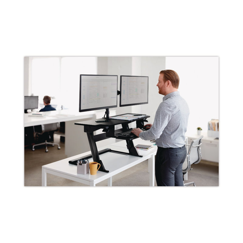 Black Dual Monitor Desk Clamp Mount with Adjustable Arms