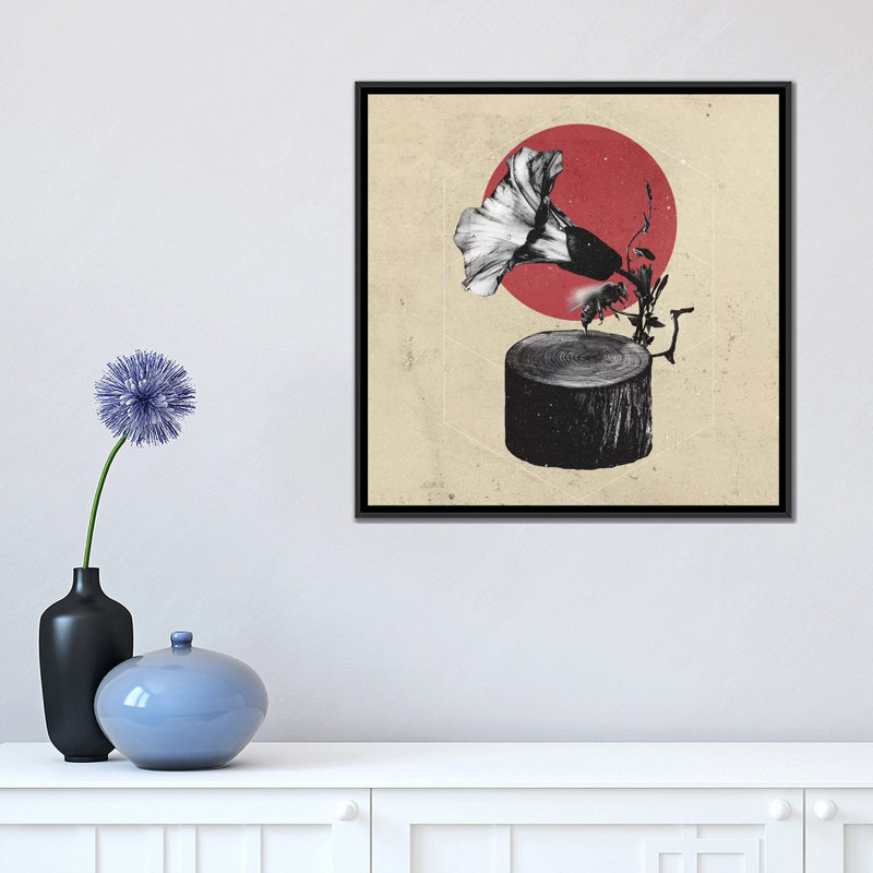« gramophone », impression sur toile tendue, H 37 po x l 37 po x P 1,5 po, Toile avec cadre noir, Pas de tapis