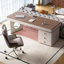 Bureau à 6 tiroirs brun noyer + beige massif massif + bois manufacturé + acier inoxydable-109078978