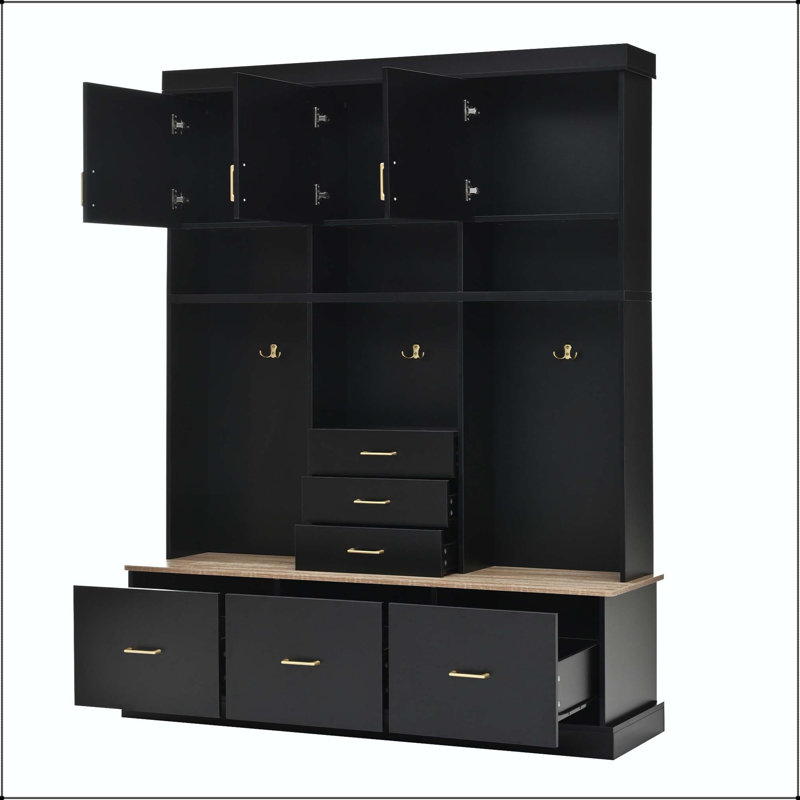 75" Hall Tree with Bench, 6 Drawers, 3 Cabinets & 3-Tier Top Storage, Black