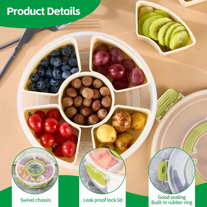 Contenant à collation divisé avec couvercle, boîte à collation ronde à 6 compartiments avec poignée, plateau de collation portable pour les fruits, apéritifs et collations de fête, sans BPA, va au micro-ondes et au lave-vaisselle