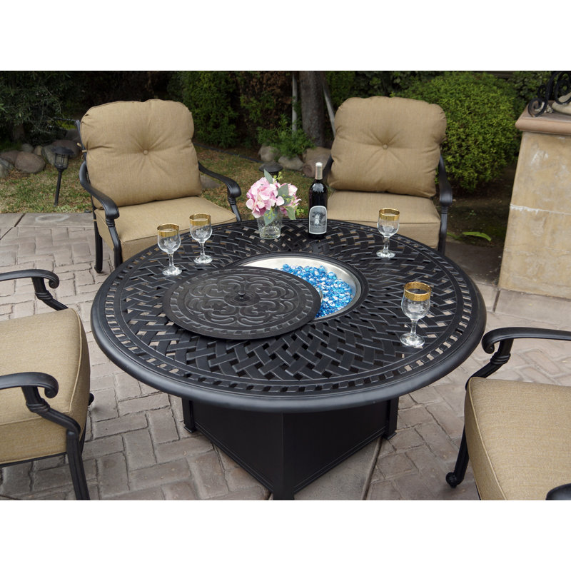Nanafalia 5-Piece Patio Propane Fire Pit Conversation Set with Cushions and 52" Round Fire Pit Table
