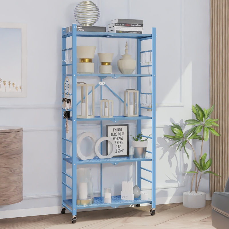 Storage Shelves With 20 Hooks, 5-tier Collapsible Organization Storage Rack Bookshelf Folding Pantry Shelves Cube Shelf Wire Shelving Holds 440 Ibs For Garage Kitchen Room