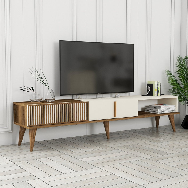 Meuble télé moderne avec de nombreuses tablettes, noyer et crème, 70,9 x 15,7 x 15,0 pouces | 100% panneau de particules enduit de mélamine, épaisseur: 0,7 pouce | Pieds en plastique, montables au mur, supportant jusqu'à 66 lb | Design scandinave