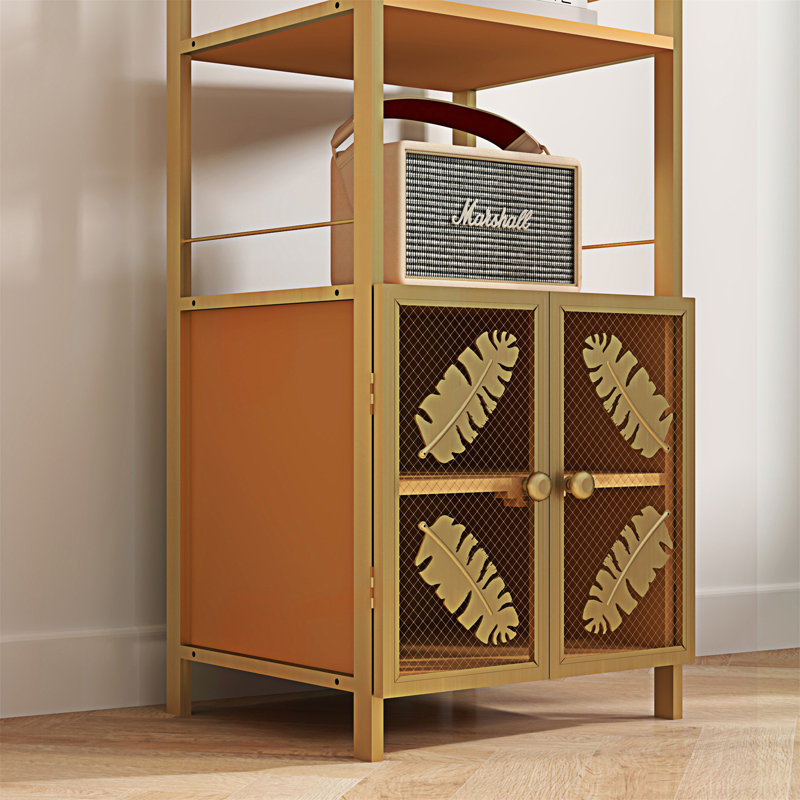 Tall Orange and Gold Metal Floor Storage Cabinet with Open Compartments