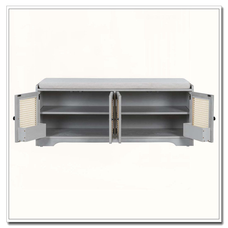 Banc de rangement rustique avec 4 portes en rotin, tablettes réglables et coussin amovible, Gris délavé