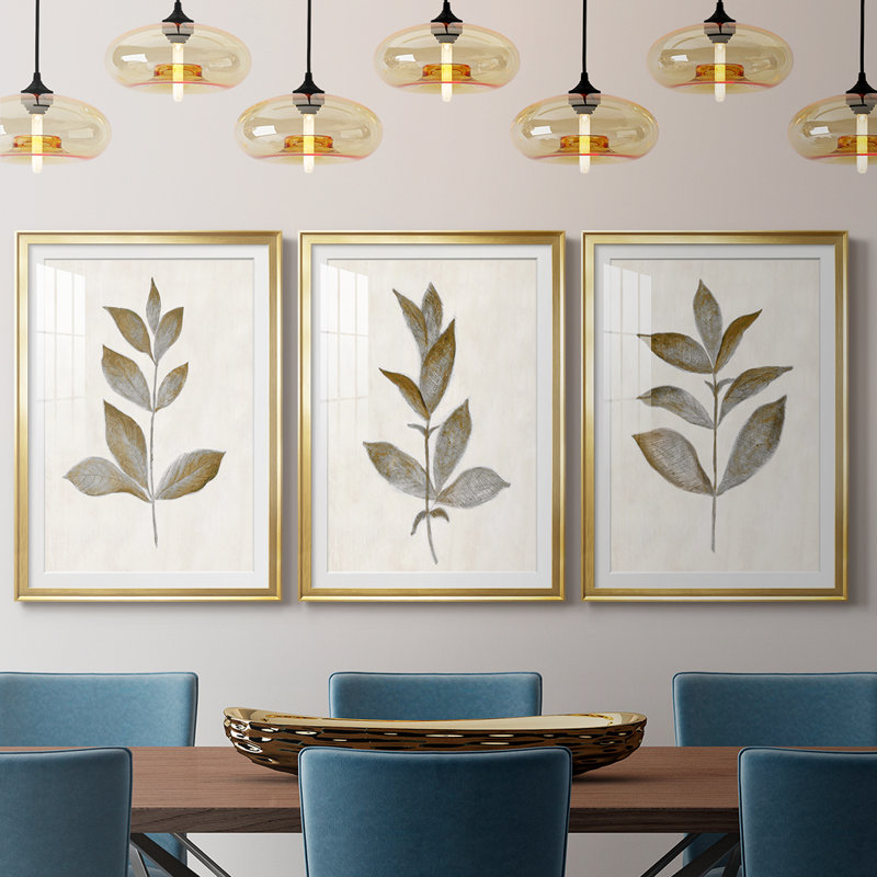 Feuille de bronze I - reproduction encadrée sur mesure de qualité supérieure mate - 3 pièces, H 27 po x l 39 po, Doré