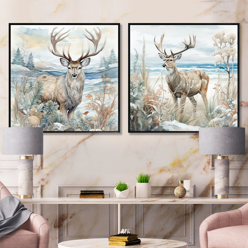 Ensemble de 2 cerfs charmants en hiver, Cadre flottant noir, H 16 po x l 33 po