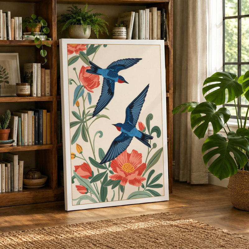 Kingfishers in Bloom Botanical - Wrapped Canvas, 24x16 - 61.0 x 40.6 cm, Terracotta Border