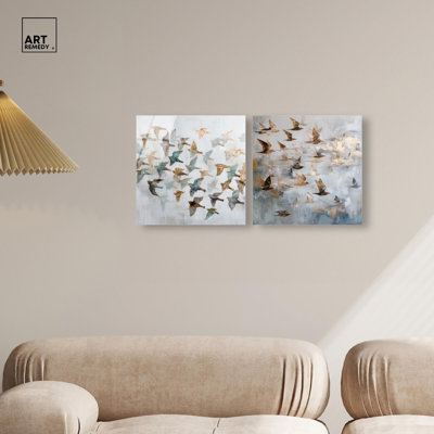 Ensemble de décorations murales bohèmes « Sky Full of Wings » en impression acrylique dorée par Art Remedy, prêt à  accrocher, 12 x 12