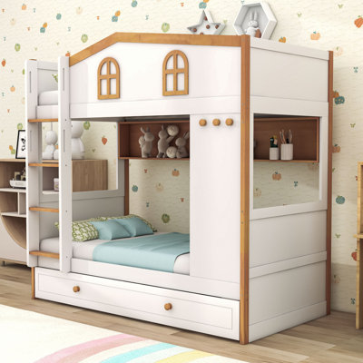 Wood Bunk Bed with Storage Shelves and Twin Trundle