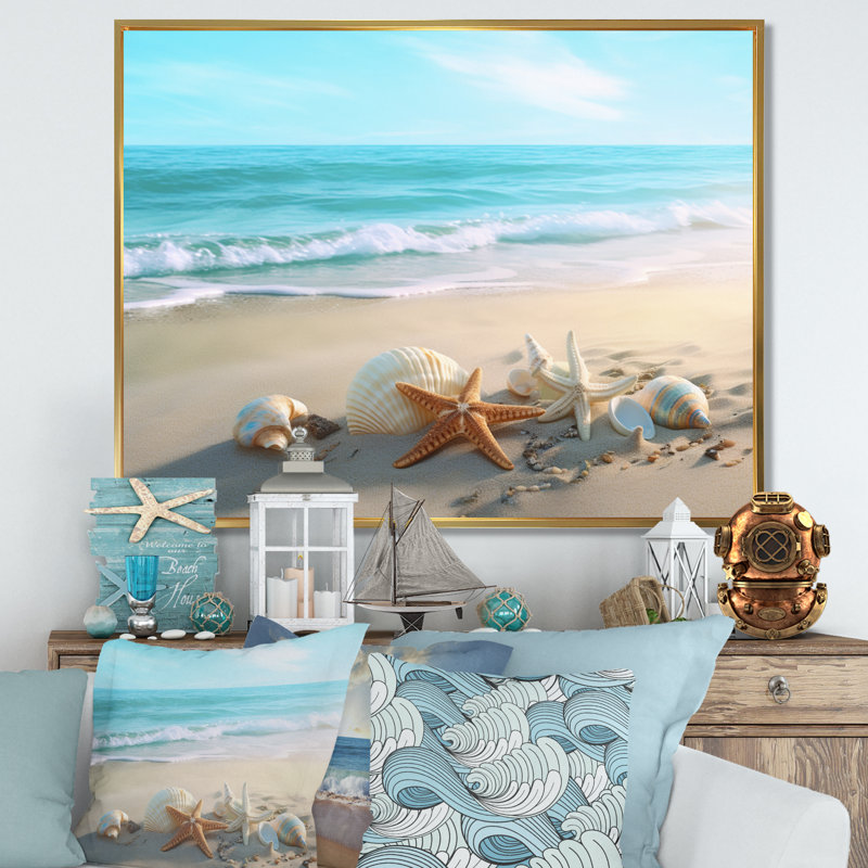 Bord de mer côtier - plage moderne, art mural, H 30 po x l 40 po x P 1,5 po, Cadre flottant doré