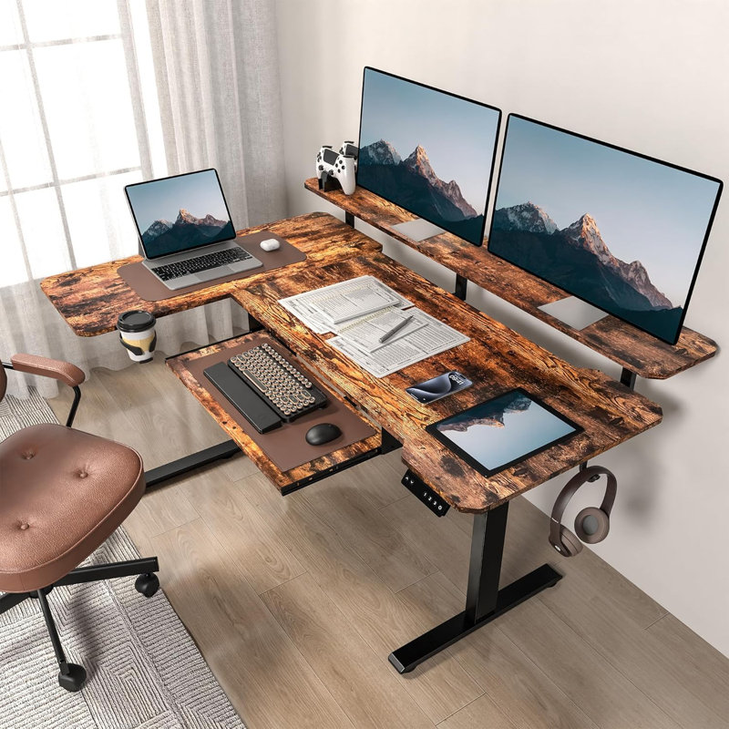 R L-Shaped Height Adjustable Standing Desk With Keyboard Tray, Right, 30.3" H x 61.2" L x 46.1" W