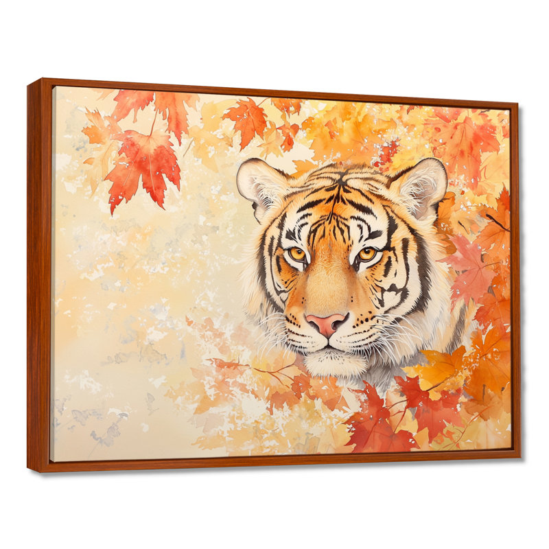 Tigre dans les feuilles d'automne II - salon d'art mural tigre, H 24 po x l 32 po, Brun