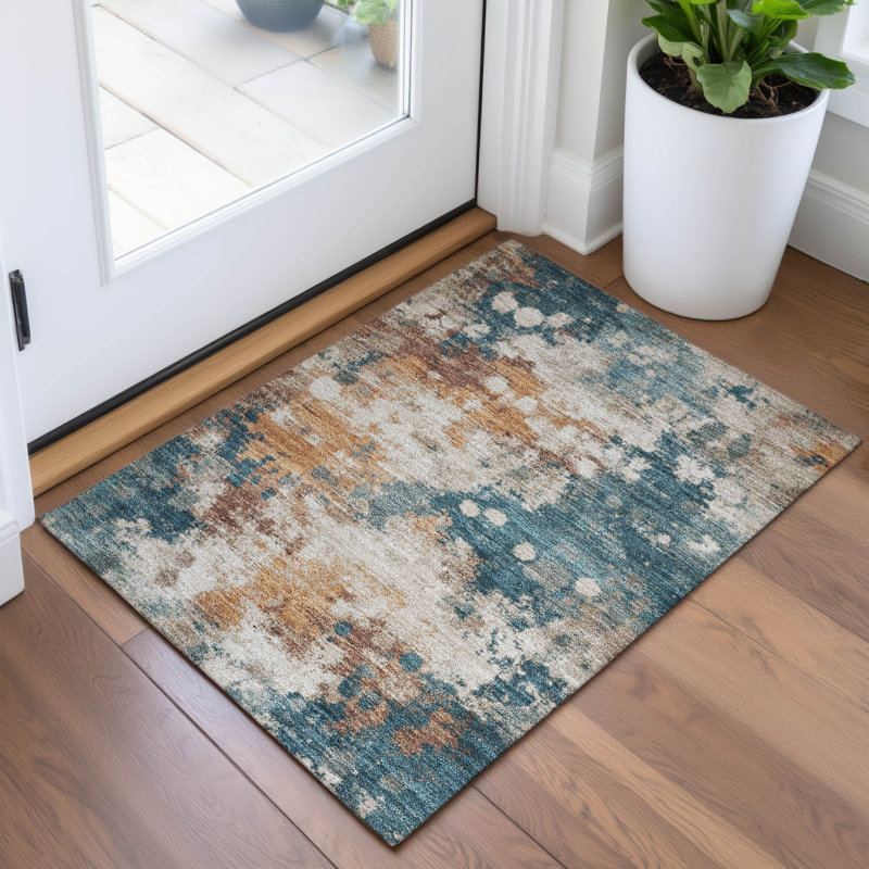 Tapis bleu sarcelle lavable à la machine intérieur / extérieur Xhevrie, Rectangle 1 pi 8 po x 2 pi 6 po