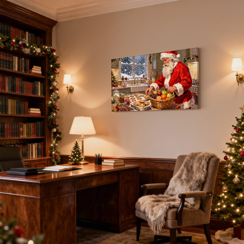 Ensemble de 3 reproductions d'art sur toile, "Christmas Santa Bakes Cookies In Kitchen With Fruit", H 20 po x l 30 po