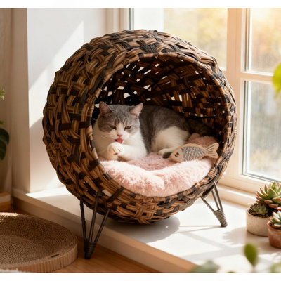 Chaton tissé à la main à motif de feuilles de bananier tissé à la main avec coussin, lit pour chat tissé à la main