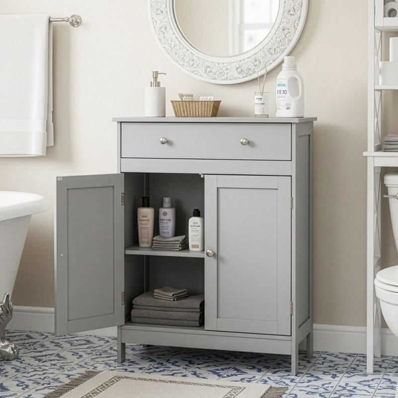 Gray Bathroom Storage Cabinet With 2 Doors And 1 Drawer, Gray