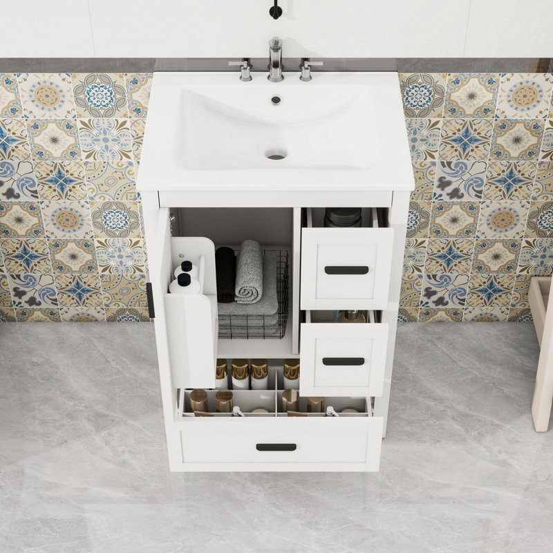 Meuble-lavabo 3 tiroirs en bois avec lavabo et porte à fermeture en douceur, Blanc