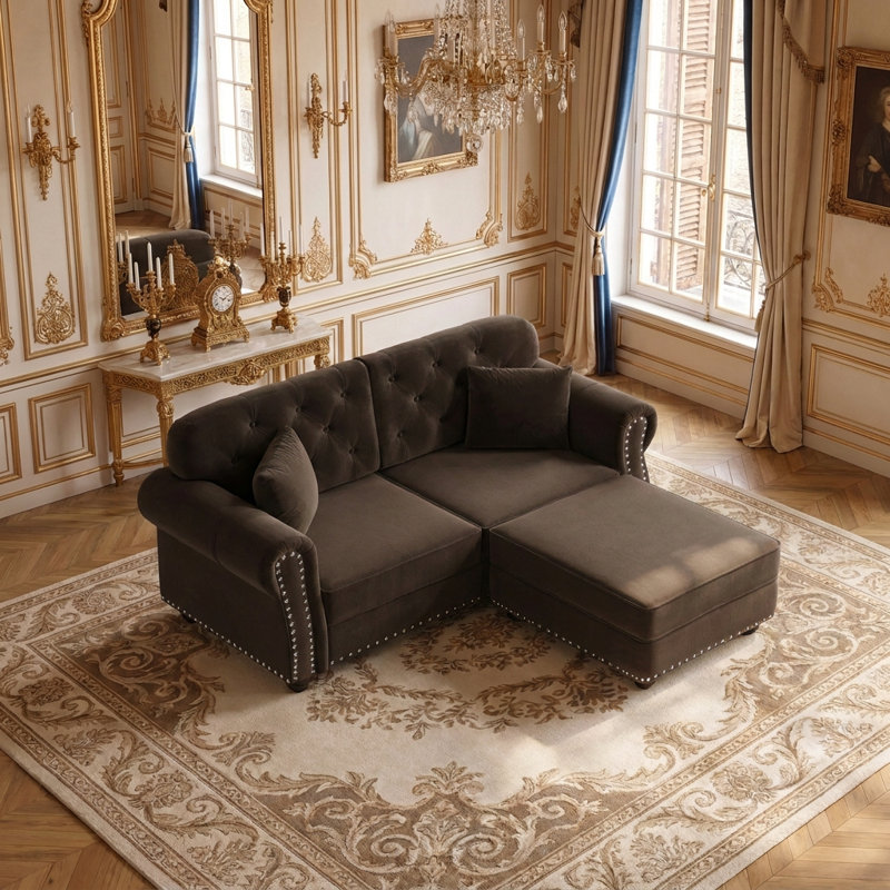 Canapé Chesterfield de 63 po de style Mid-Century moderne avec garniture cloutée, accoudoirs roulés, capitonné et 2 coussins