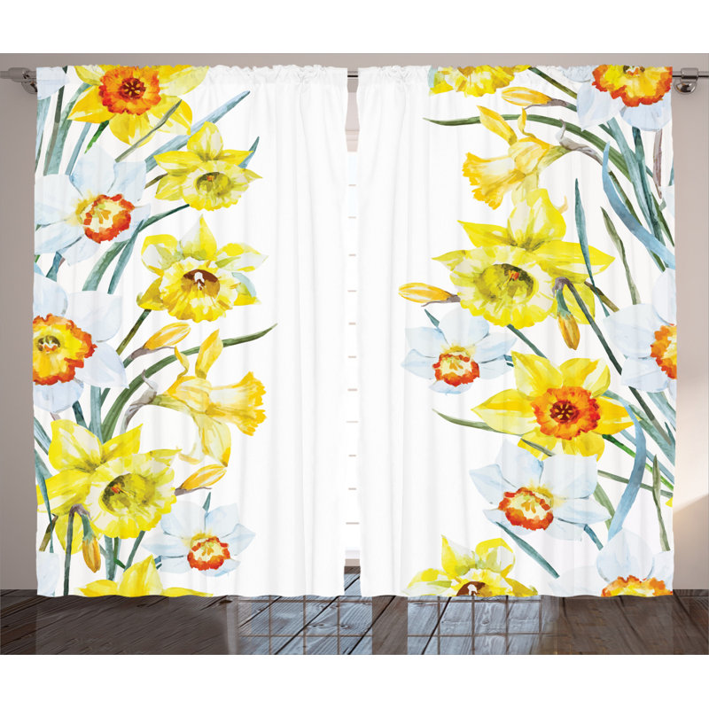 Daffodil Floral Semi-Sheer Rod Pocket Curtain Panels, 54" x 108"