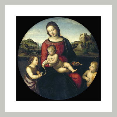 Tondo de la Vierge et de l'enfant avec Jean-Baptiste et un garçon sacré (La Madone Terrranuova) par Raphael, impression giclée encadrée