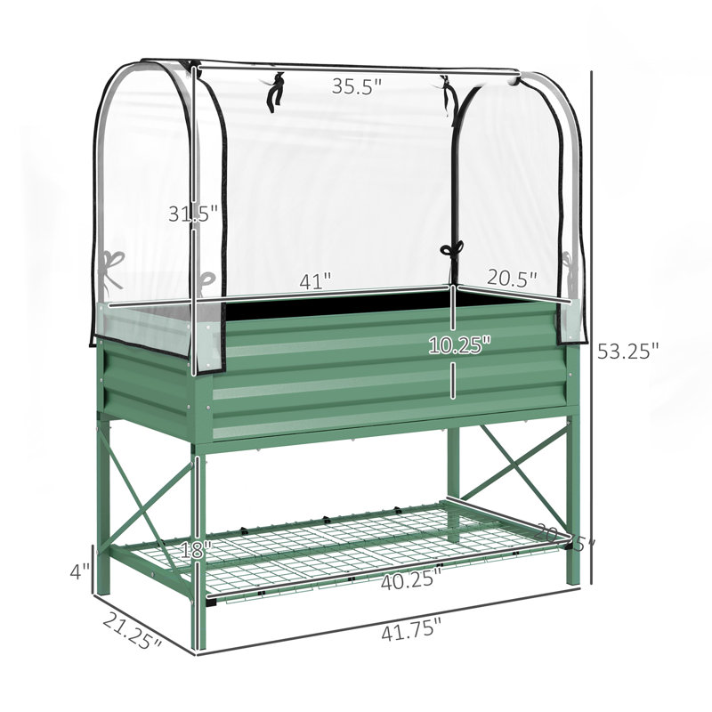 Green Galvanized Steel Raised Garden Bed with Cover and Storage Shelf
