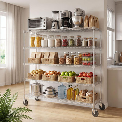 Étagère métallique à 5 niveaux sur roulettes, étagères de rangement en métal chromé, unité de rangement robuste et réglable avec roulettes verrouillables et pieds de nivellement pour garage ou cuisine